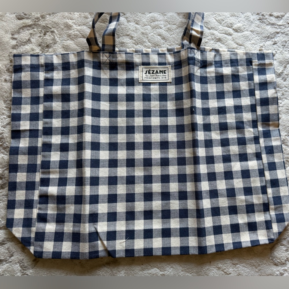 Sezane Navy and Cream Checkered Tote